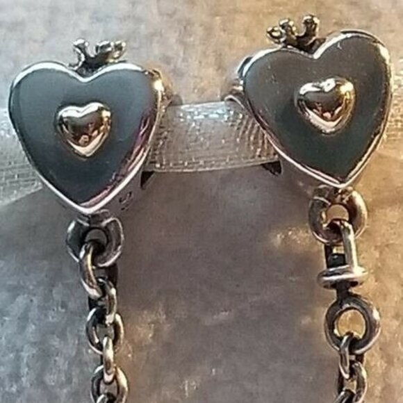 Auth Pandora *RETIRED* SS Heart & Crown w/14kt gold Safety Chain 791878-05 - Picture 1 of 8